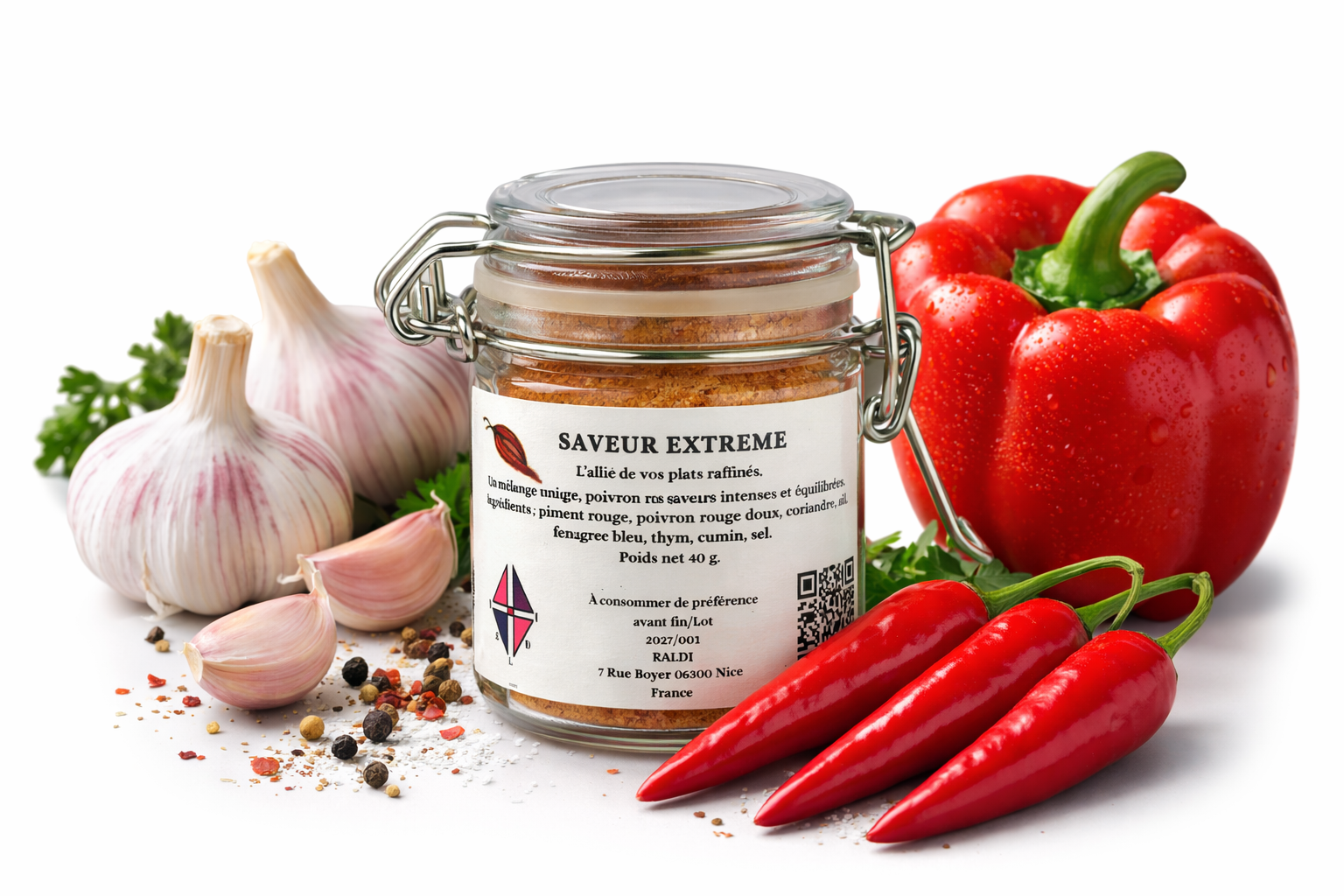 RALDI PERLE D'EPICES Saveur Extreme, Mélange d'Épices Gourmet, Assaisonnement Naturel pour Viandes et Barbecue, Piment Rouge Poivron Coriandre Ail Fenugrec Thym Cumin Sel, 40g