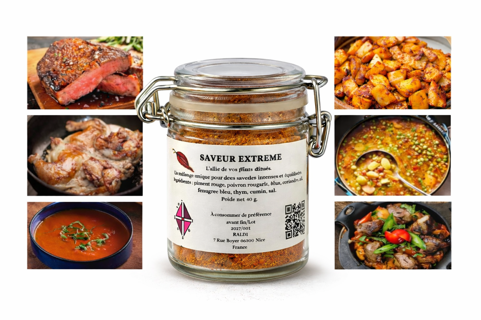 RALDI PERLE D'EPICES Saveur Extreme, Mélange d'Épices Gourmet, Assaisonnement Naturel pour Viandes et Barbecue, Piment Rouge Poivron Coriandre Ail Fenugrec Thym Cumin Sel, 40g