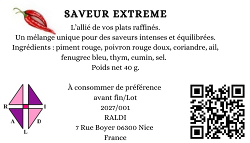 RALDI PERLE D'EPICES Saveur Extreme, Mélange d'Épices Gourmet, Assaisonnement Naturel pour Viandes et Barbecue, Piment Rouge Poivron Coriandre Ail Fenugrec Thym Cumin Sel, 40g